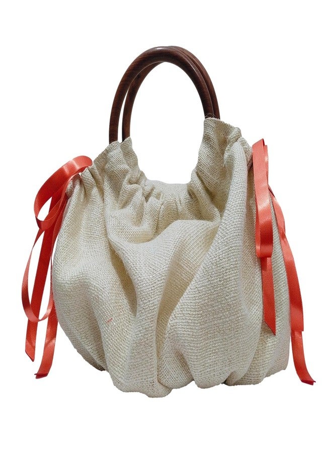 athizay Potli bags wooden handle tassel hanging Solid | Plain | Printed Fabric | Cotton | Polycotton | Jute | hand carry wristlets pouch bags for women (Milky White, Satin Orange) - Image 1